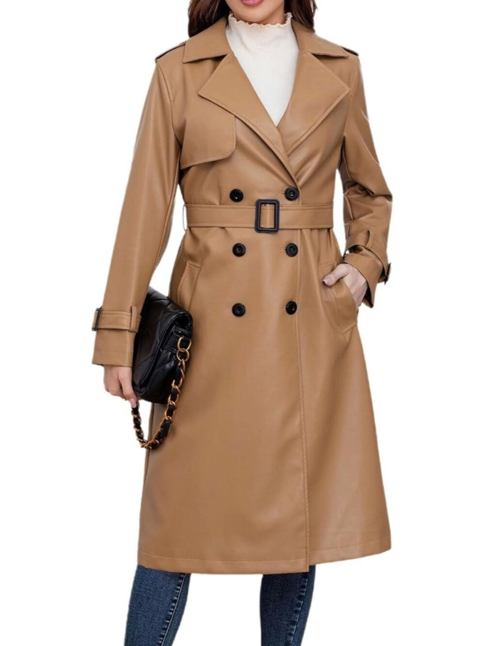 Women's Camel Long Sleeve Faxu Leather Trench Coat Double Breasted Belted Jacket